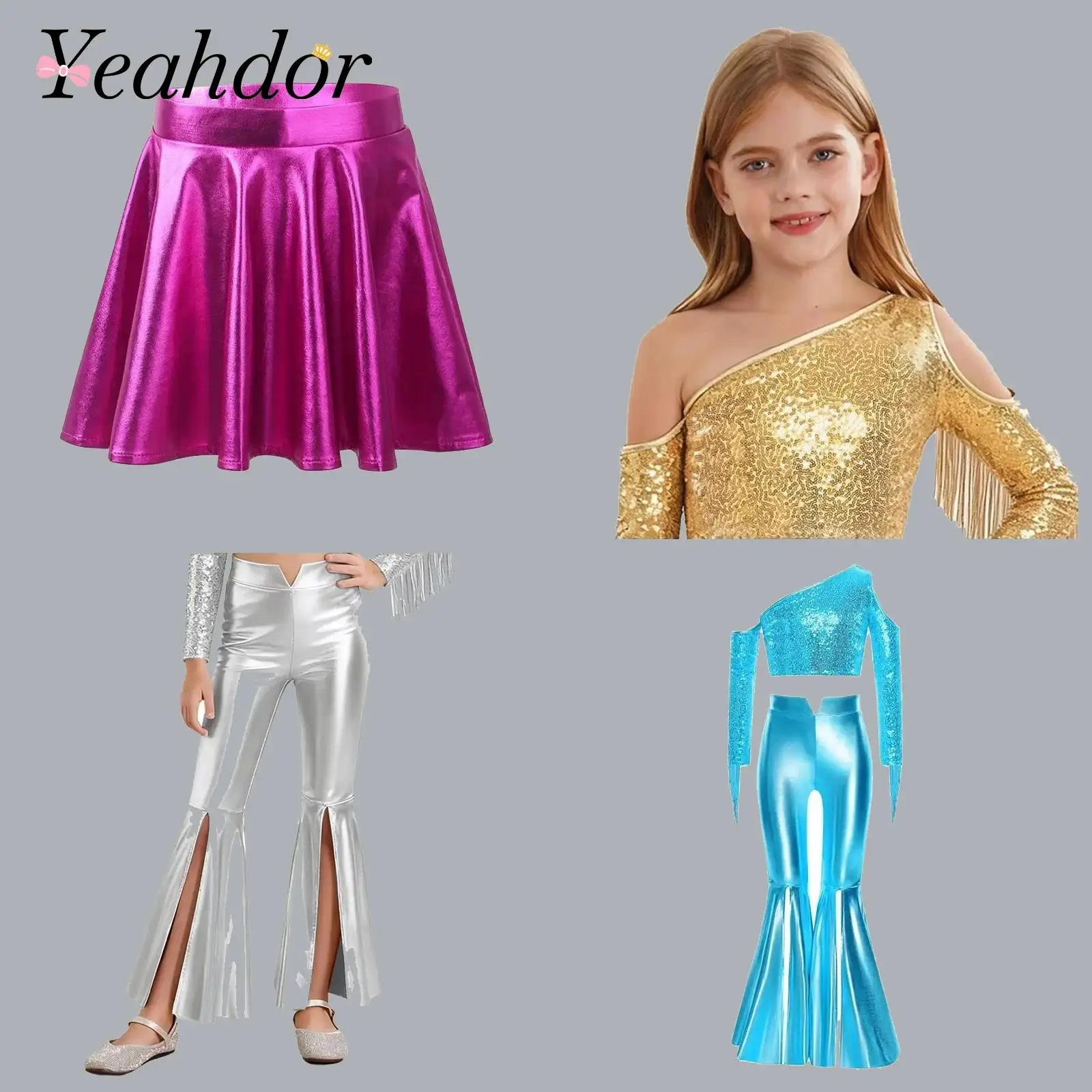 

Girls Sparkly Flares Disco Outfits Streetwear Kid Shiny Sequin Tassels Dance Crop Top Dancewear Children Birthday Party Costume