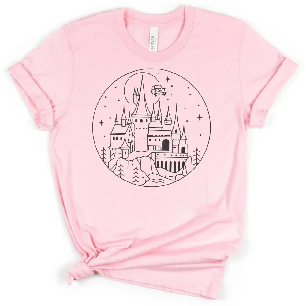 Magical Wizard Castle T Shirts for Women Clothing Universal Vacation Shirt Flying Car Wizard Wand Witchy Witchcraft and Wizardry