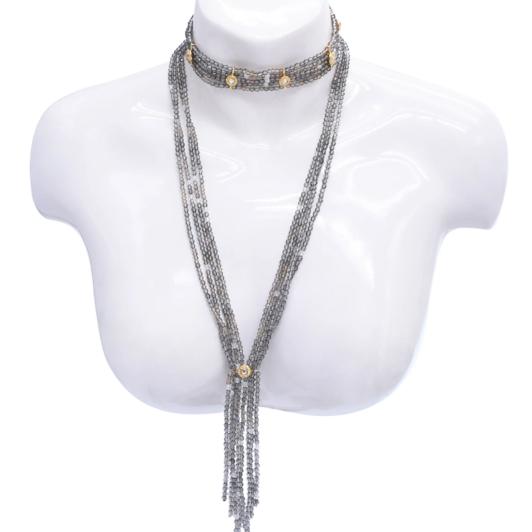 

Trendy Handmade Bead Chain Diamond Embedded Necklace Fashionable Women's Exaggeration Double Layer Jewelry Accessory Gift