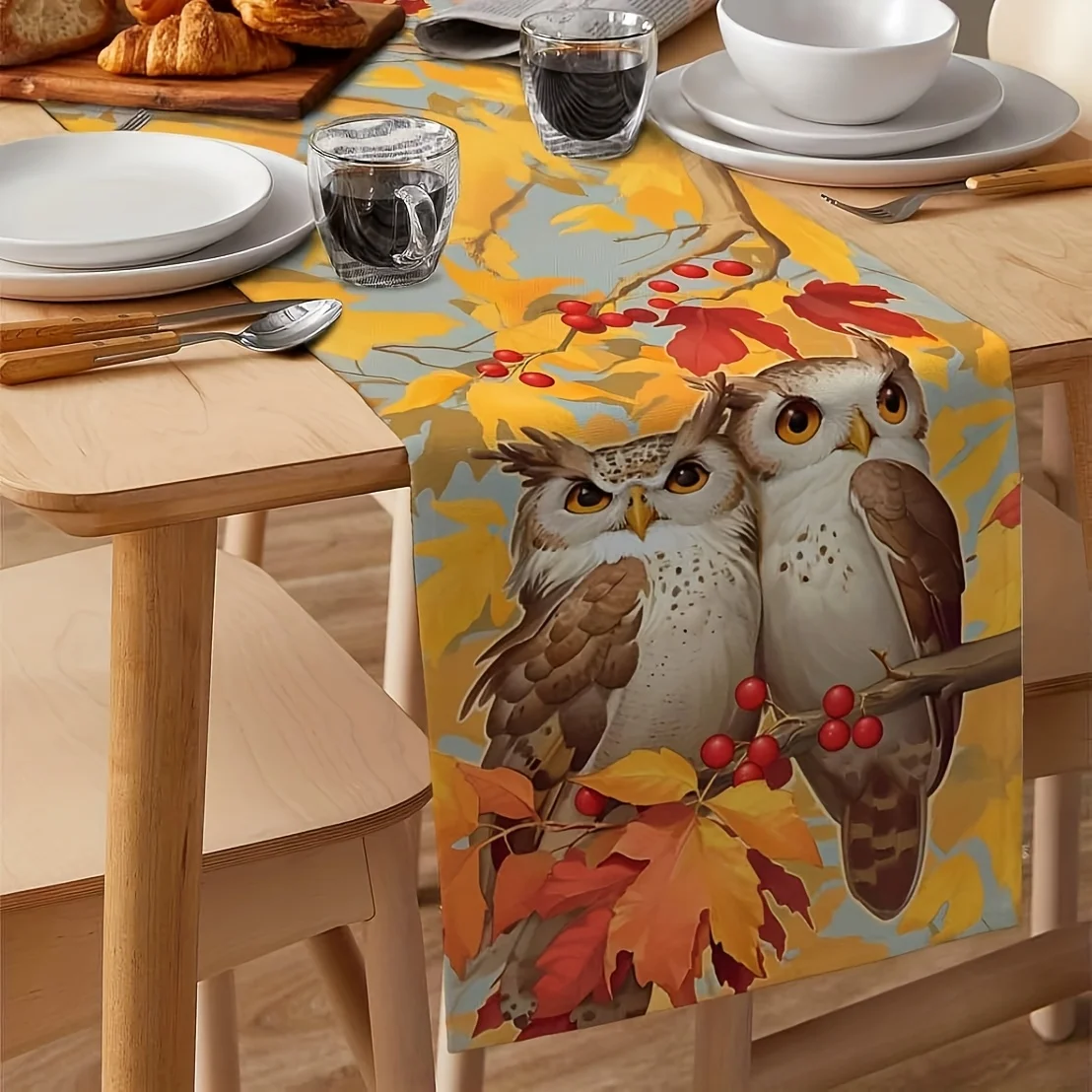 1 Piece of Autumn Owl Table Runner, Painted Double Owl, Autumn Leaf Red Fruit, Suitable for Restaurant, Home, Party, Natural Style Decoration, Market Display.
