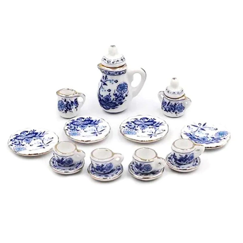 Vajilla en miniatura para casa de muñecas, juego de tazas de té de cerámica y porcelana, accesorios de bricolaje, 15 piezas, 1:12