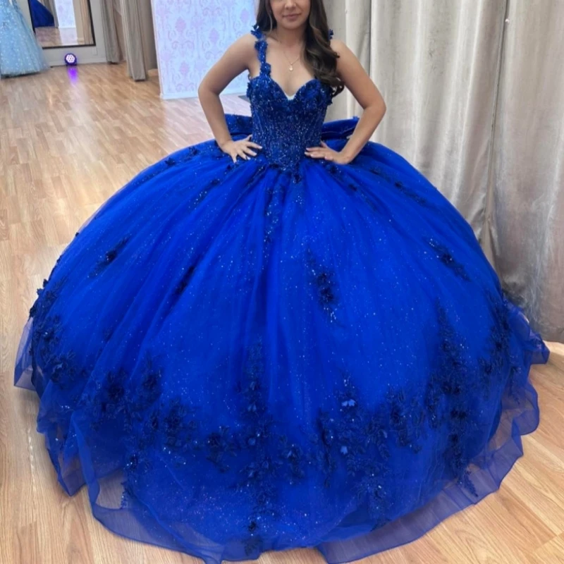 

Royal Blue Shiny Ball Gown Quinceanera Dresses Off The Shoulder Applique Flower Beading Crystal Bow Tull Party Birthday Sweet 16