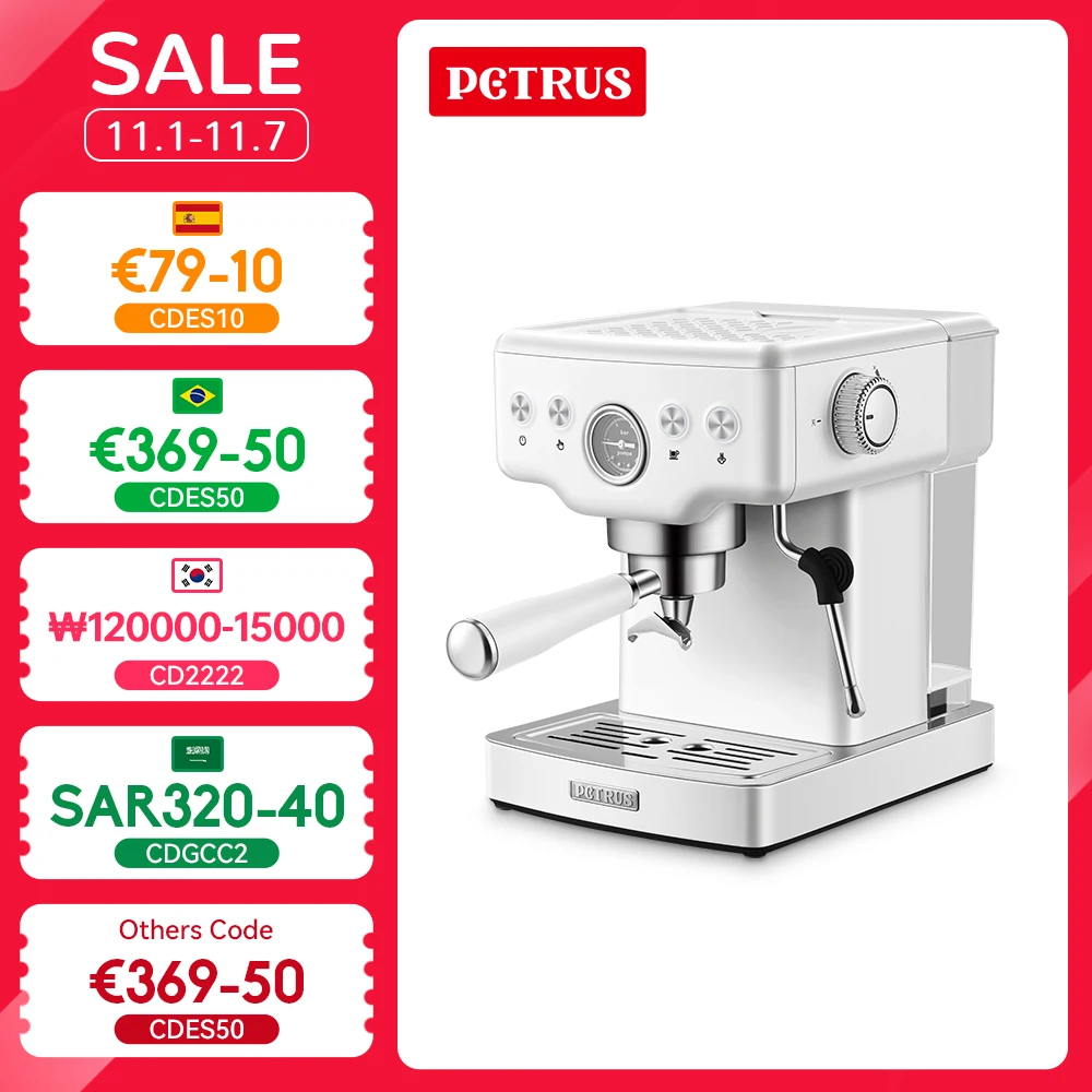 Petrus Coffee Maker Espresso Coffee Machine Cappuccino Machine With Milk Foaming Steam Wand Manual Automatic Control ULKA Pump