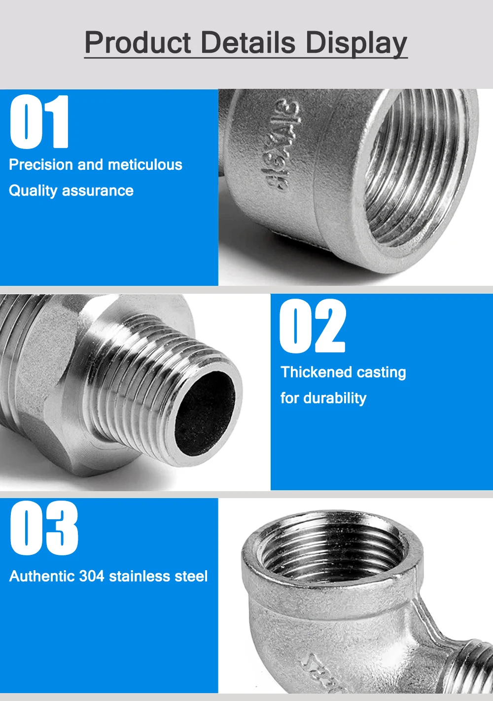 304 Edelstahl BSP-Gewinde-Rohrverschraubungen 1/8''-2'' Winkel 45/90 Grad, T-Stück, Vierwege-Verbinder, Reduzierstück, Stecker/Buchse Adapter – Detail 1