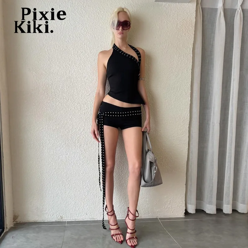 PixieKiki مثير 2 قطعة ملابس النساء رصع الرسن بلوزات وسراويل قصيرة مجموعات ملابس للنادي الأسود الهذيان الملابس P94-EZ36 #4
