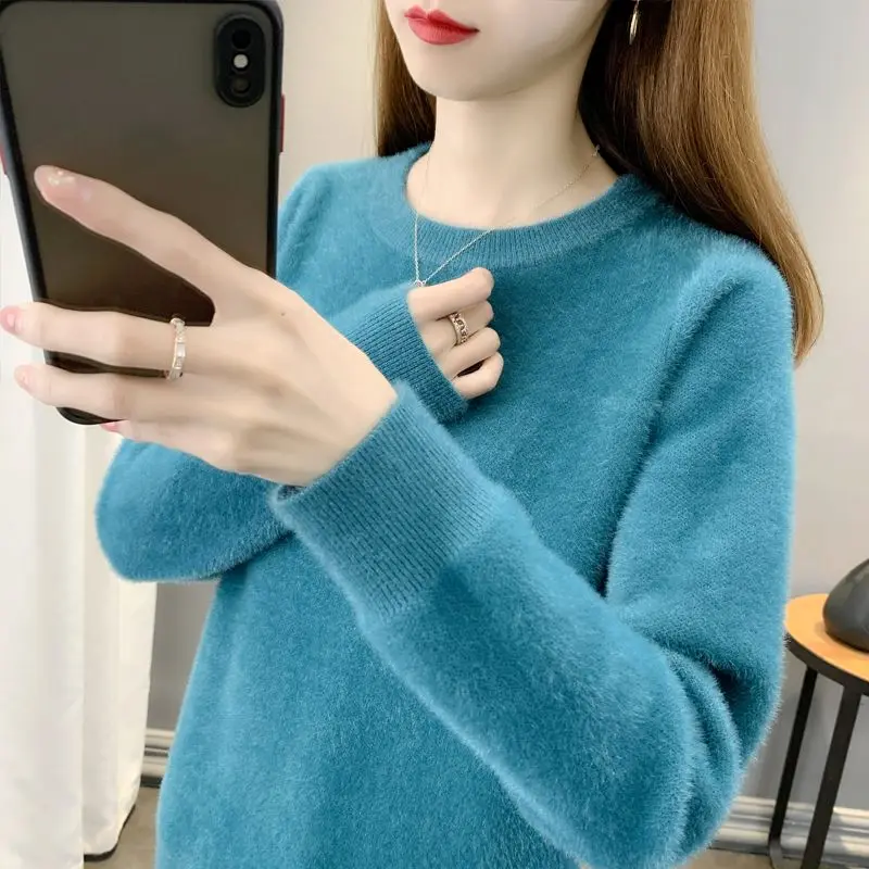 

Autumn Winter New Fashion Round Neck Long Sleeve Solid Mink Fur Pullovers Women's Clothing Korean Loose Knitting All-match Tops