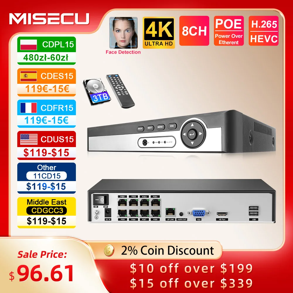 

MISECU H.265 UHD 8CH 4K 5MP 8MP 1080P POE NVR Network Face Detect Two Way Audio Video Recorder For Security POE IP Camera ONVIF