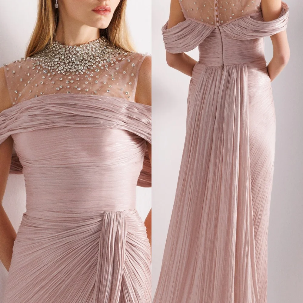 

Customized Modern Style Sparkle Organza Draped Pearl Button Rhinestone Straight Scoop Neck Long Dresses Bespoke Occasion Dresses