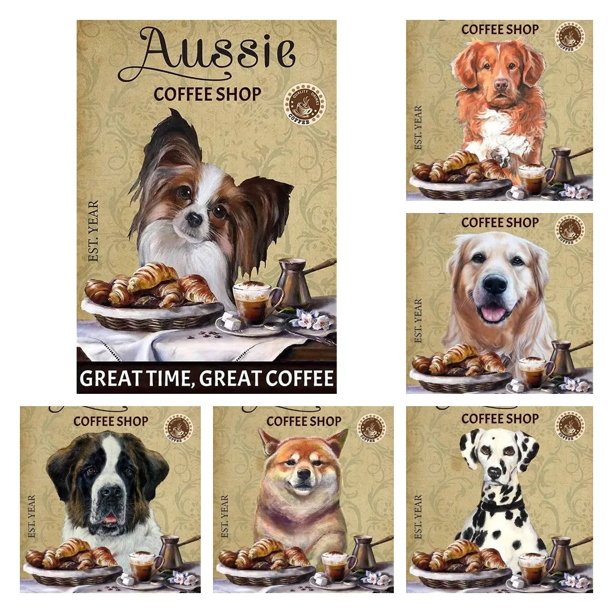 Papillon Dog Aussie Coffee Shop Great Time Great Coffee Funny Metal Retro Tin Sign for Home Kitchen Garden Wall 8x12 Inches