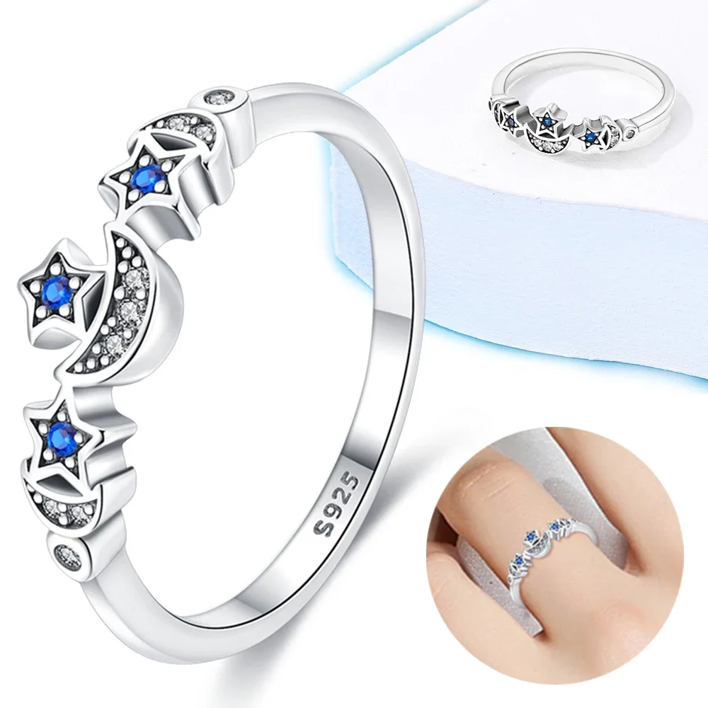 Anillos de plata 925 para mujer, anillo brillante con forma de sol, luna y estrella, joyería elegante con temperamento, accesorios de fiesta, regalo