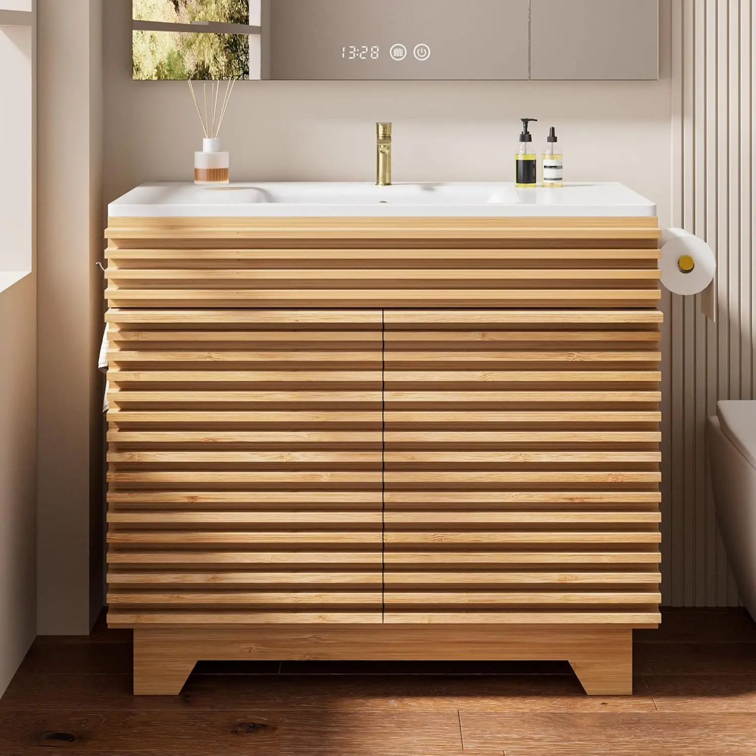 

36 Inch Bathroom Vanity with Ceramic Sink - Freestanding Modern Bathroom Storage Vanity Cabinet with Fluted Design, Natural Oak