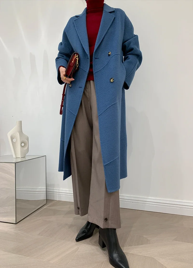 New wool high end water ripple lines design feeling female han edition  double sided cloth cashmere coat