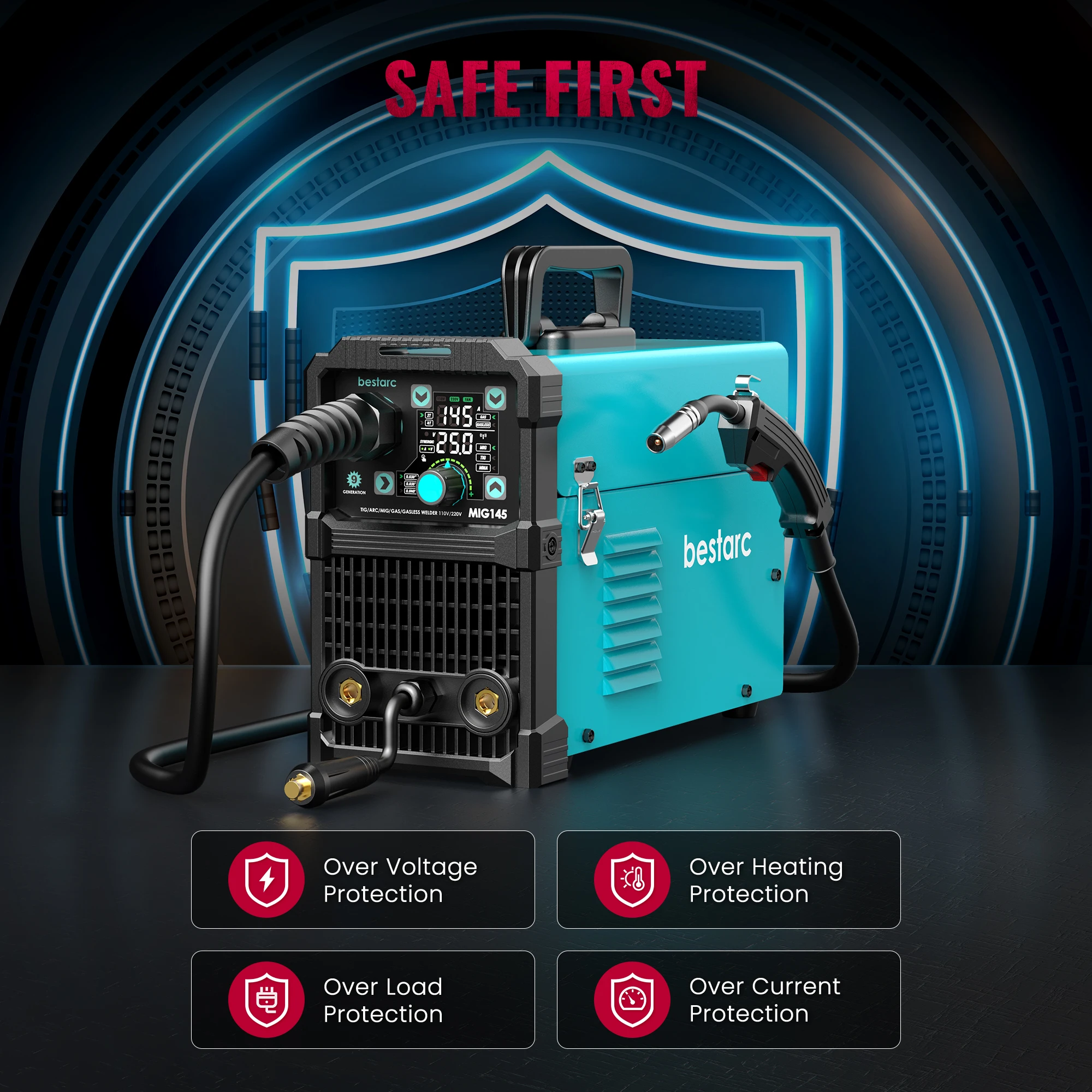 Soldador bestarc MIG, MIG145 145 amperios MIG de gas/MIG sin gas/Lift TIG/Stick 3 en 1 MIG con pantalla digital, monofásico de 220 V