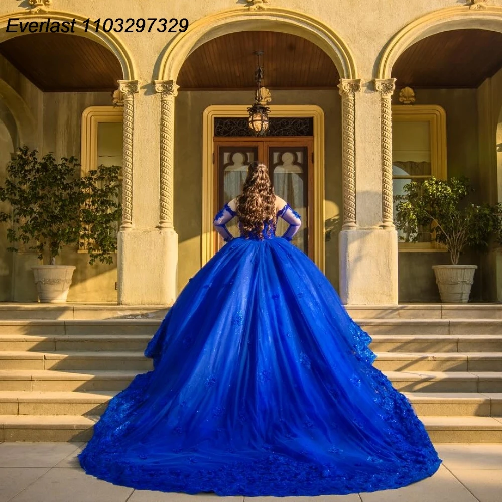 EVLAST Customized Royal Blue Quinceanera Dress Ball Gown Floral Lace Applique Beading Corset Sweet 16 Vestido De 15 Anos TQD981