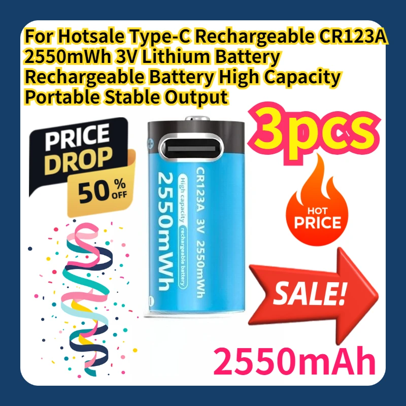 

For Hotsale Type-C Rechargeable CR123A 2550mWh 3V Lithium Battery Rechargeable Battery High Capacity Portable Stable Output