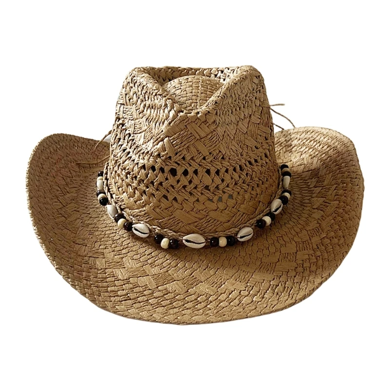 652F Handmade Straw Hat Hollowed Sun Protective Hat Roll Brim Hat with Seashells Belt Vacation Sun Hat Photography Headpiece