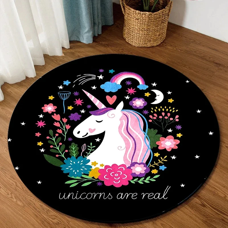 Cartoon Unicorn Round Carpets Kids Room Area Rugs Living Room Bedroom Play Carpet Baby Crawl Non-Slip Mats Home Decor