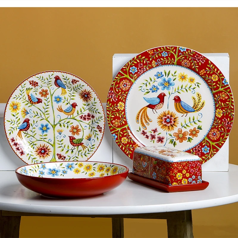 American ceramic plate butter box mug Garden style red flower and bird round salad dinner set plates dishes