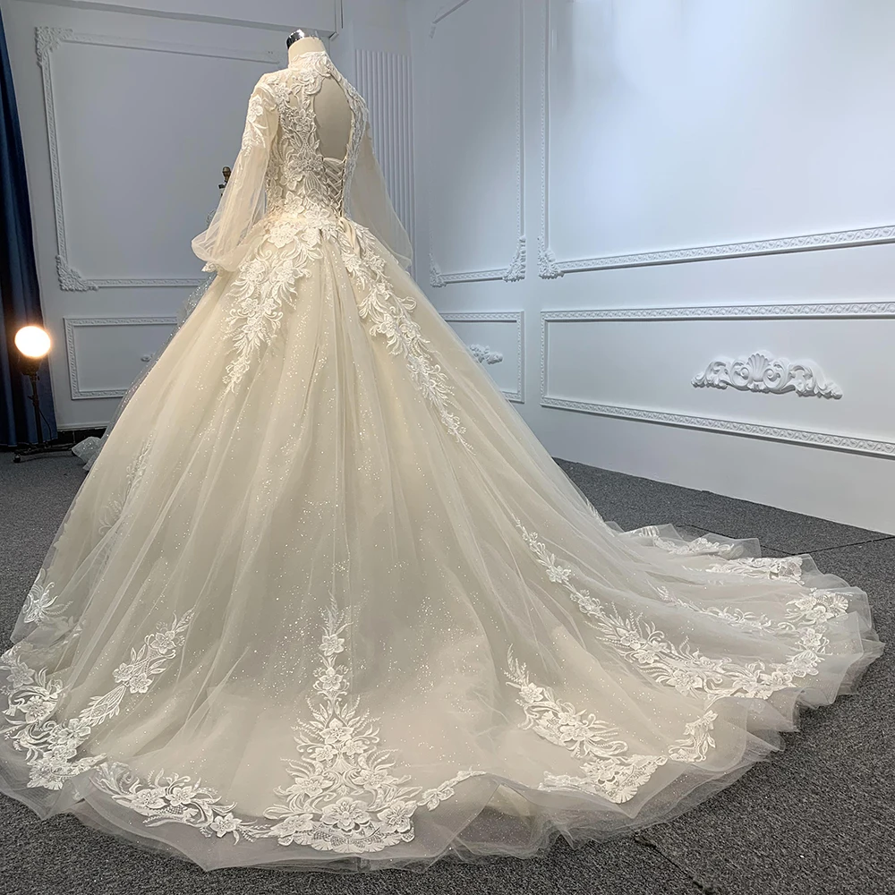 Luxury Wedding Dress Organza With Lace Sequins Ball Gown Full Sleeve High Neck Bride Dress Button Vestido De Novia Customized