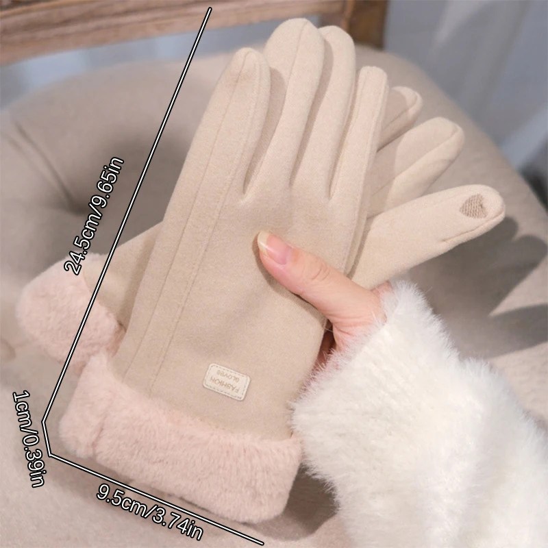 Winter Female Cashmere Warm Suede Leather Cycling Mittens Double Thick Velvet Plush Wrist Women Touch Screen Driving Gloves