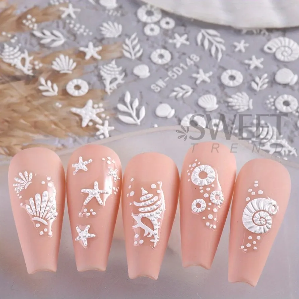 Autocollants pour ongles 5D méduse, plage d'été, coquille blanche, étoile de mer, vis adhésive, curseur, sirène, décalcomanies en relief, feuilles de décoration pour manucure