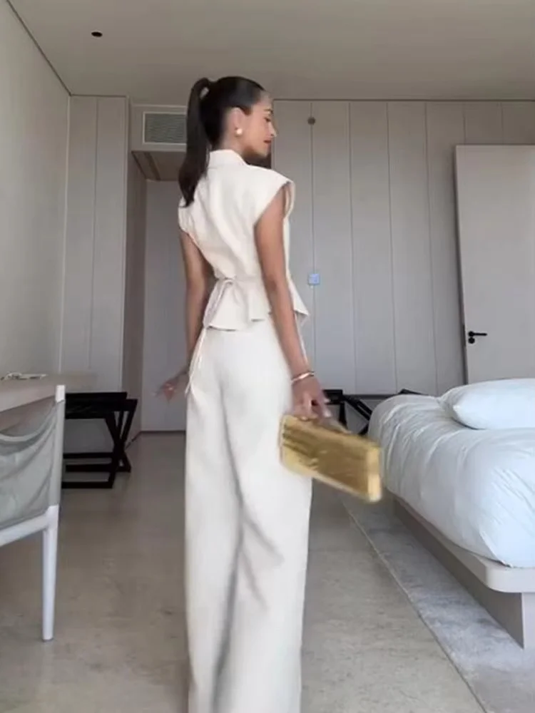 

Solid Skinny Vest Pants Suits Chic Ladies's Lapel One Button Short Sleeve Tops Wide Leg Trousers New Casual Daily Streetwear