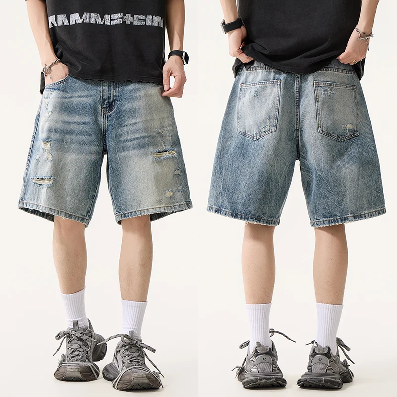 

Men's Vintage Distressed Ripped Denim Shorts High Street Loose Wide Leg Knee-Length Casual Jean Shorts Hiphop Motocycle