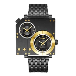 Oulm 5024 Unique Designer Luxury Gold Brand Men's Full Stainless Steel Big Dial Quartz Two Time Zone Military Sports Watches