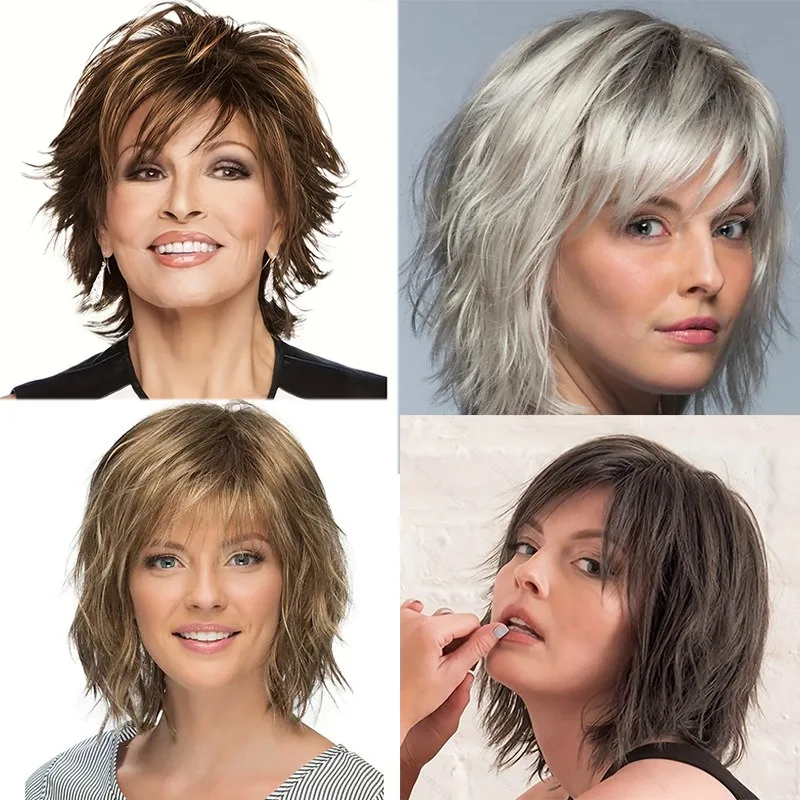 

Daily Wear Fashion Fluffy Short Hair Brown Silvery Woman Full Wig High-temperature Silk Can Be Hot Dyed Wig