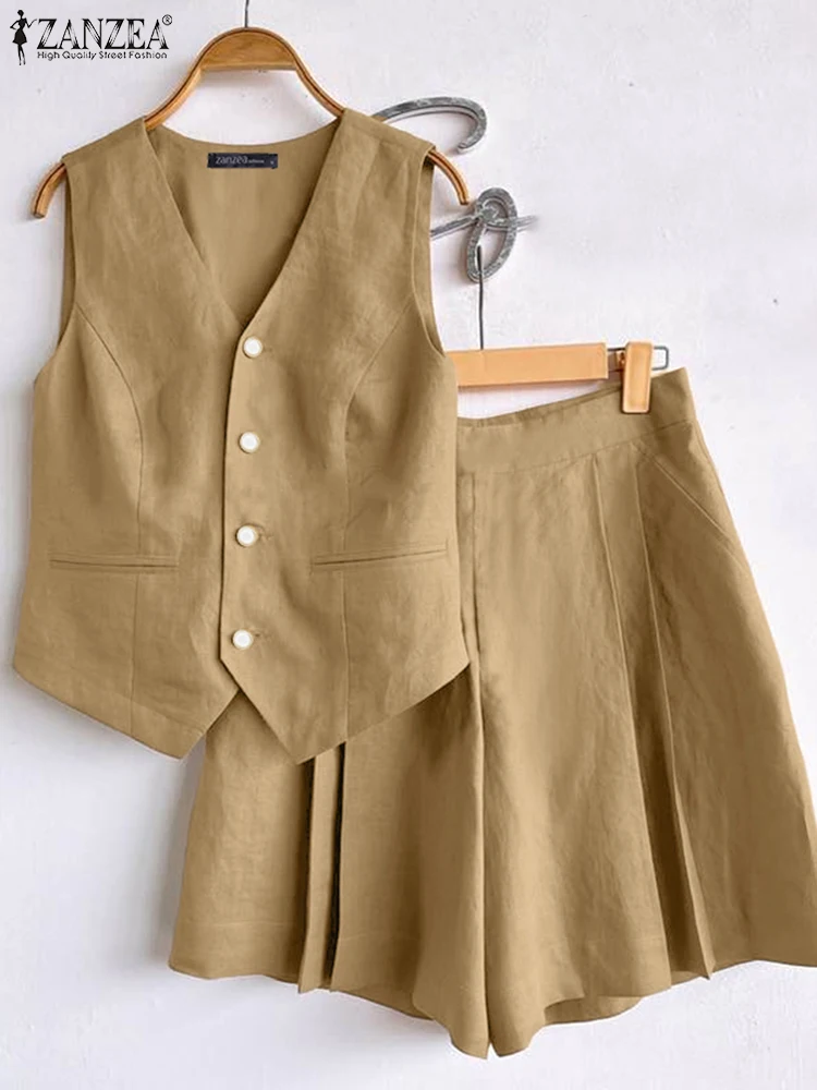 

ZANZEA женские короткие комплекты 2023 летние однотонные топы без рукавов с v-образным вырезом и широкие шорты повседневные модные комплекты из 2 предметов из двух предметов