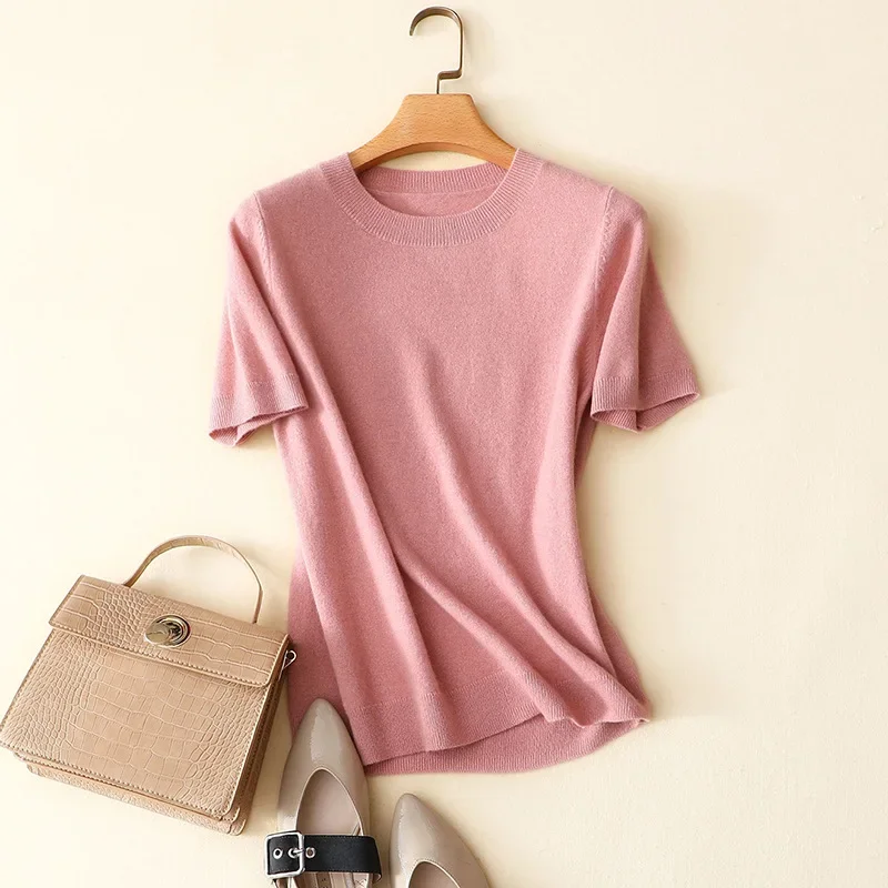 aliaga high quality 100% cashmere pullovers spring summer new cew neck short sleeve basic soft sweater women