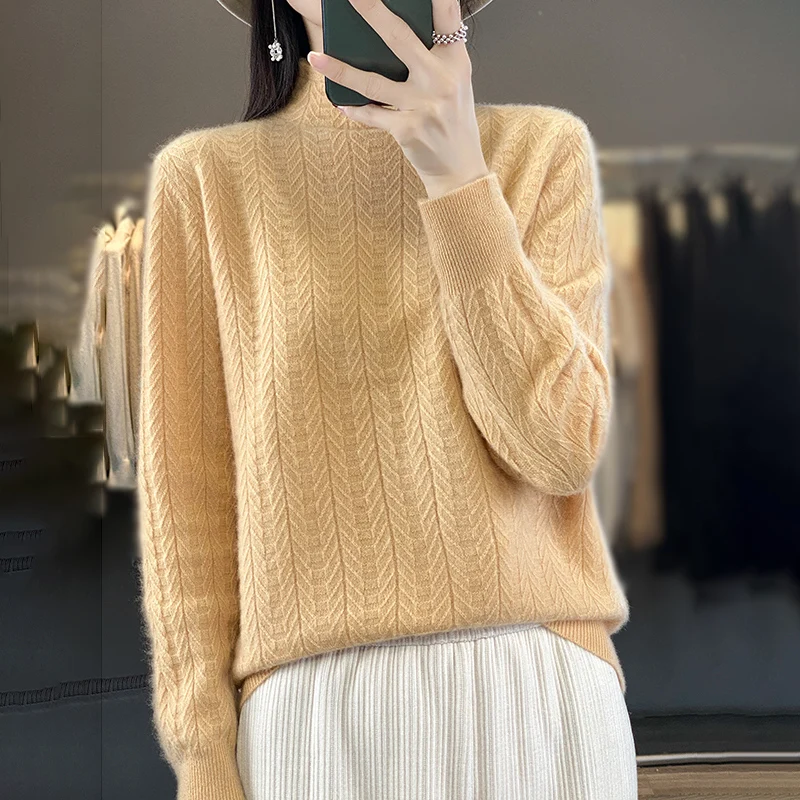 

Autumn/Winter Women's Half Turtleneck Jacquard Pullover 100% Merino Wool Sweater Long Sleeve Knitted Top Thickened Women's Wear