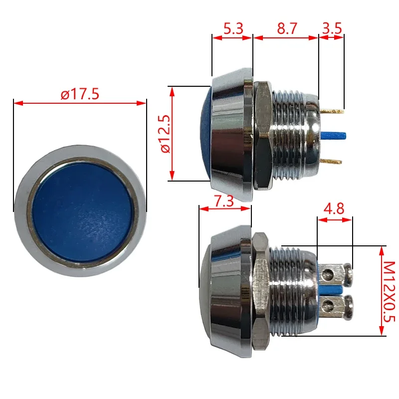 12mm 2Pin HTH Installation Colorful Ball Face Metal Switch IP65 250V 3A No Light No Locking Momentary Auto Reset When Press