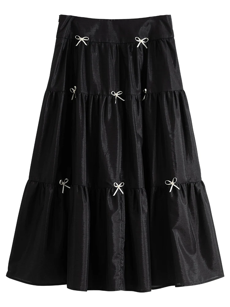 DUSHU Bow Decoration Women Black Long A-LINE Pleated Skirts Zipper Placket Back Elastic Waist Summer Female Skirt 24DS82518