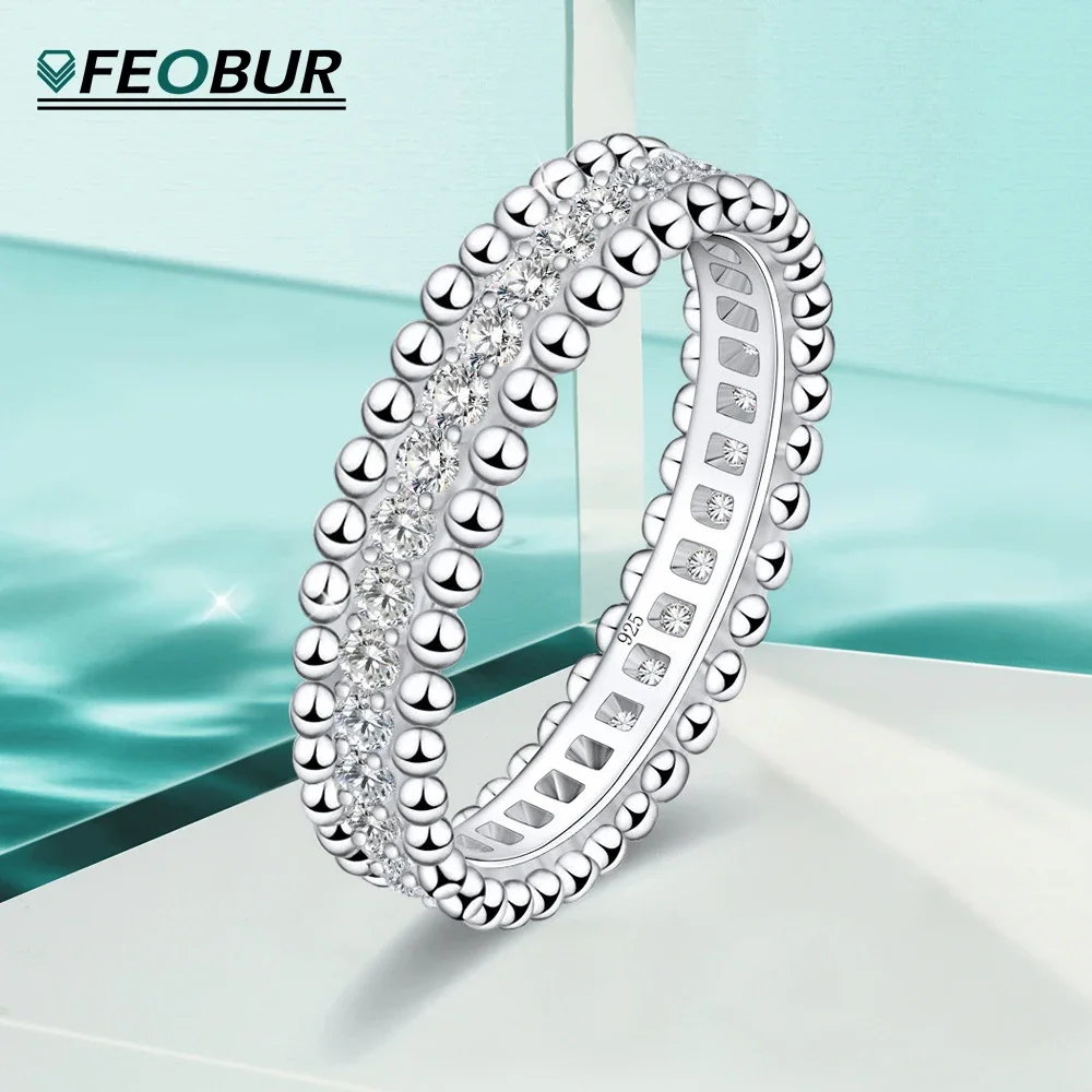 FEOBUR Full Moissanite Rings for Women Men 18K White Gold Plated S925 Sterling Silver D Color VVS1 Diamond Eternity Wedding Band