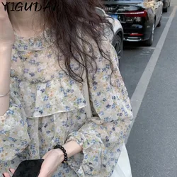 2024 New Korean fresh Fragmented Chiffon Women's Summer Loose Short Sleeve Fashion Blouse Printing Patchwork Elegant Tops