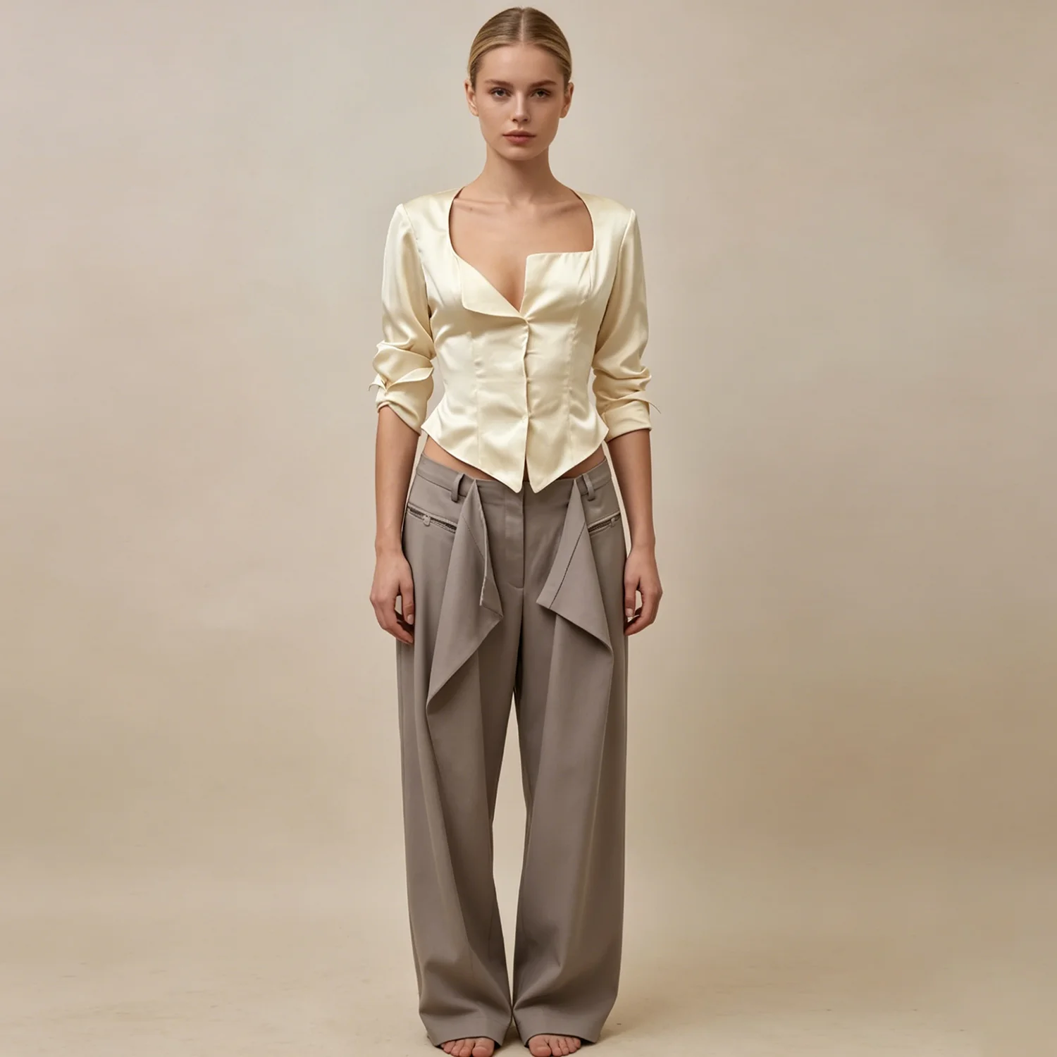 LIMO Silky cream corset-style blouse with square neck, tailored fit & rolled sleeves for elegant daily wear.