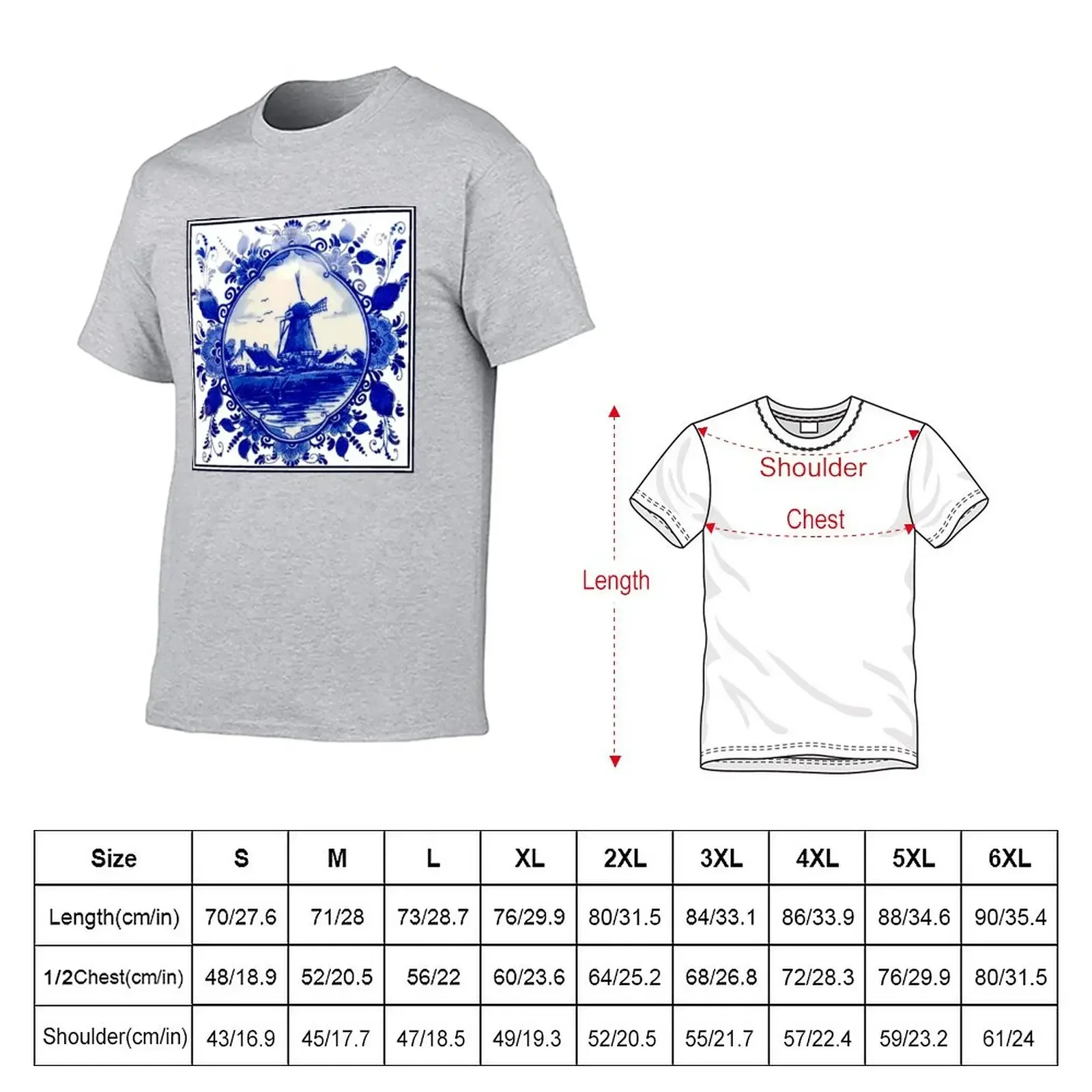 DUTCH BLUE DELFT : Vintage Windmill on River Print T-Shirt blacks aesthetic clothes anime mens workout shirts