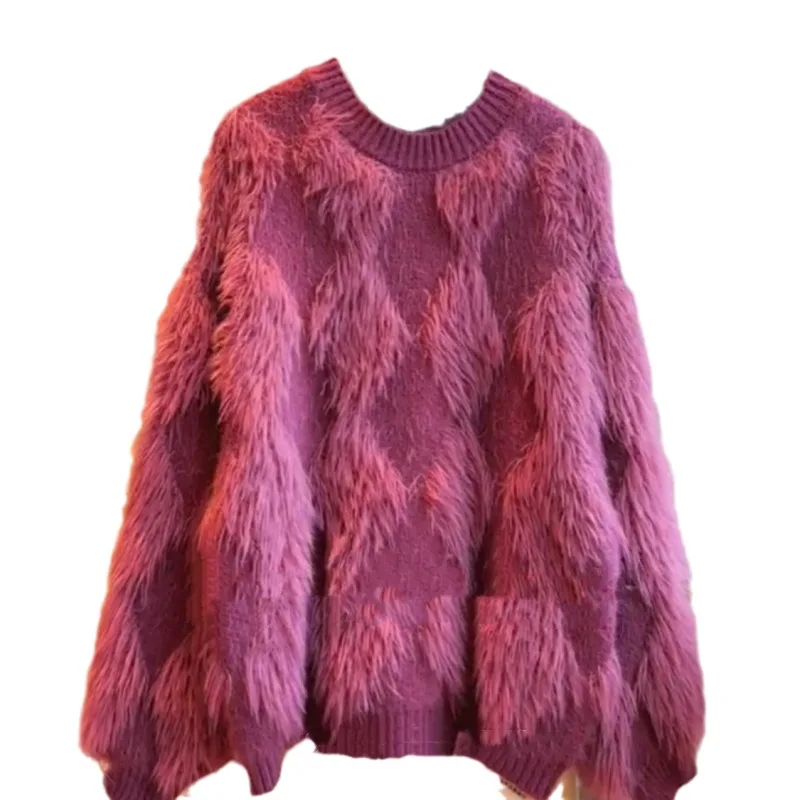 Fur Purple Fluffy Top Autumn Winter 2023 Loose Knitted Sweaters Women Long Sleeve Spring Tops Elegant Jumpers Knit Pullovers