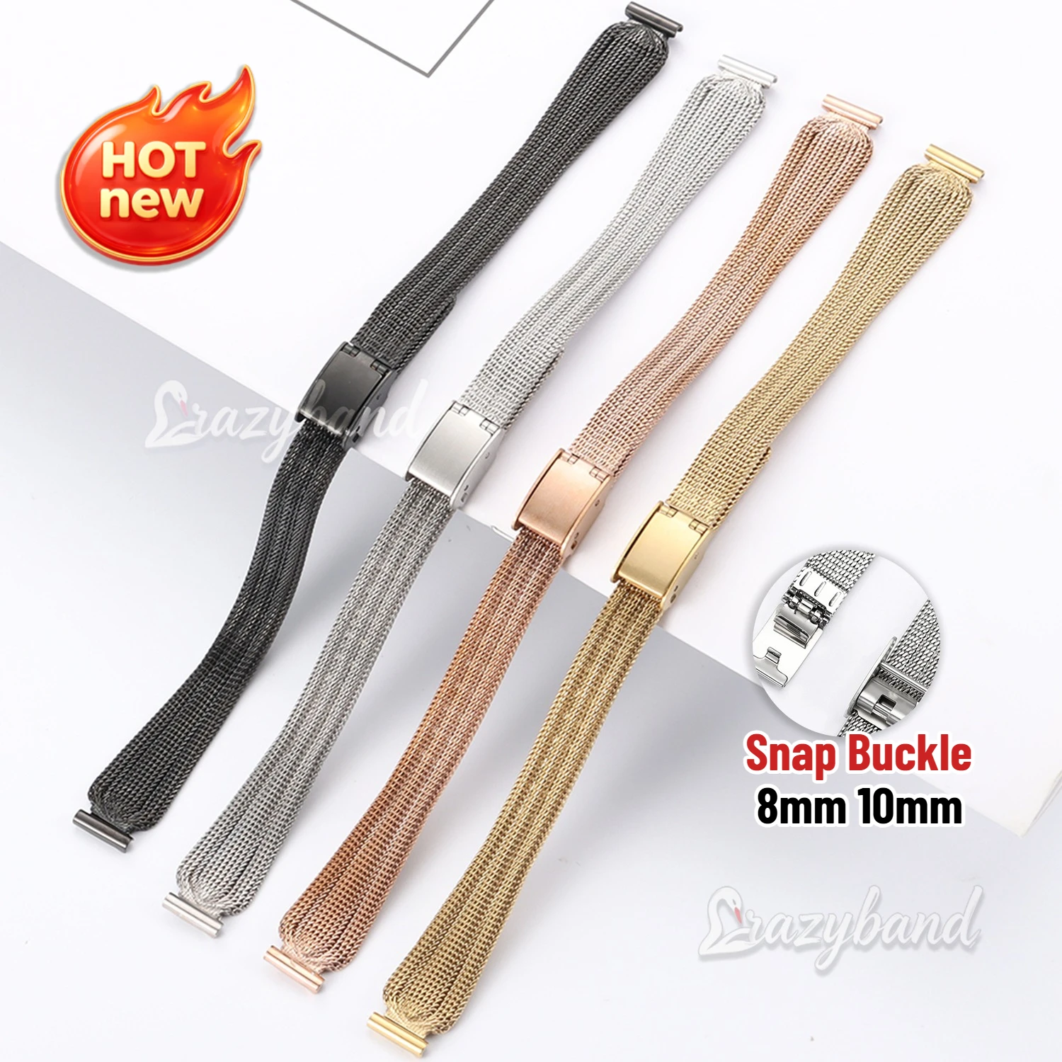 8mm 10mm Ultra Thin Mesh Milanese Loop Watch Strap Small Silm Bracelet Folding Buckle Stainless Steel Women Wrist Band Accessory