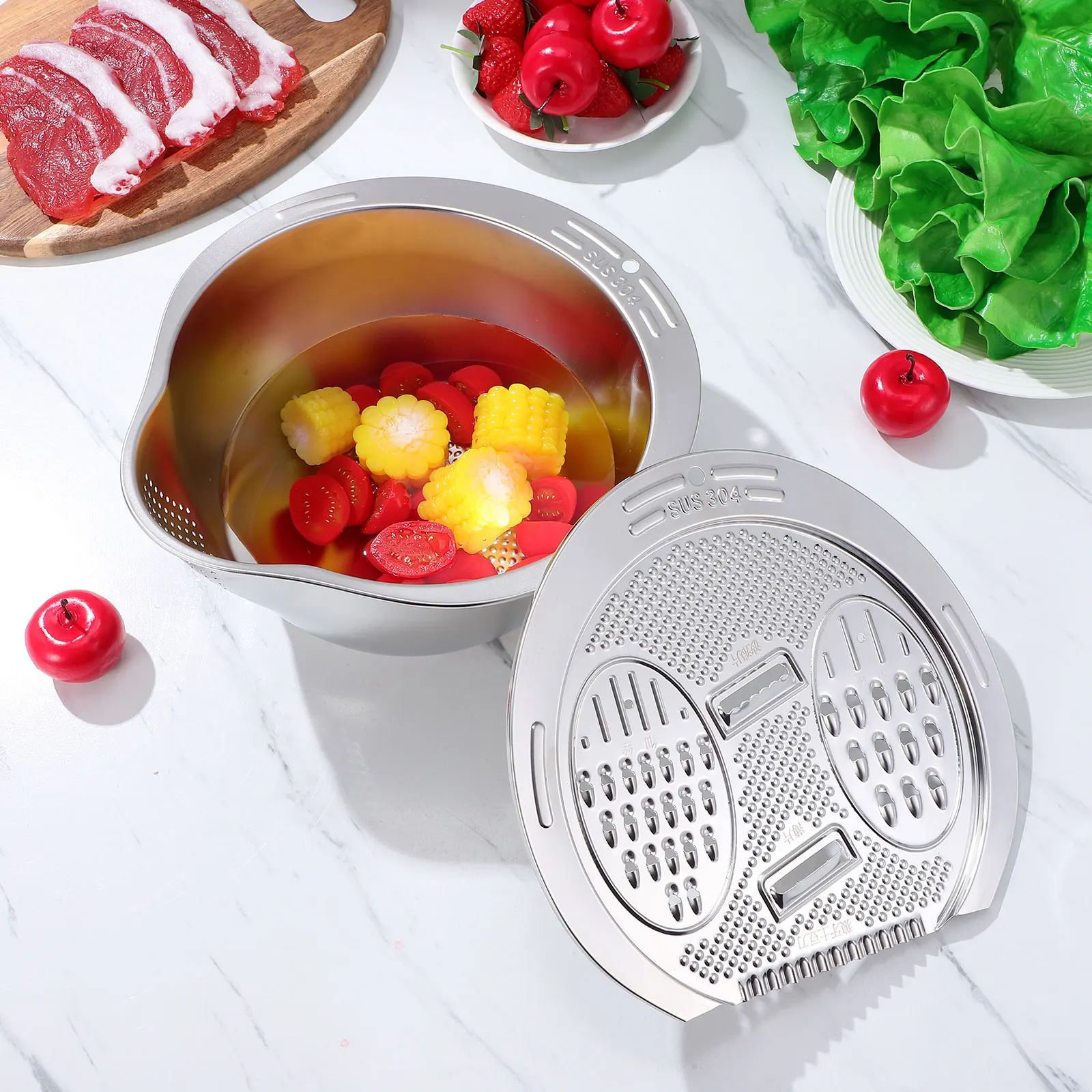 

Rice Washer Strainer Bowl Stainless Steel Colander Drain Basket Multi Functional Kitchen Tool Vegetable Fruit Cleaner Large