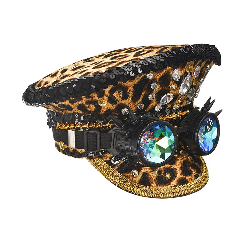 Sombreros de lentejuelas para hombre y mujer, gorros Retro de leopardo con gafas, a la moda, hechos a mano, Steampunk