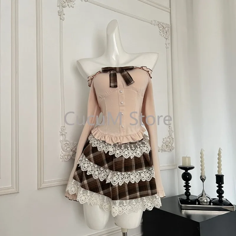 Japanese Kawaii Y2k 2 Piece Set Woman Lace Sexy Slim Tops + Cute Sweet Cake Mini Skirt Lolita Style Fashion Suit Spicy Girls