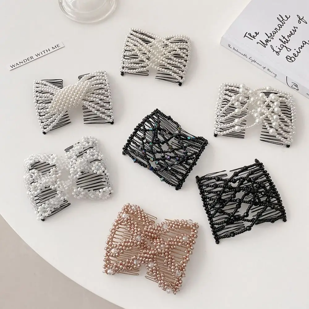 

Plastic Pearl Elastic Hair Hairpin New Hair Styling Tool Butterfly Fancy Clip Combs Rhombus Double Side Bun Girl