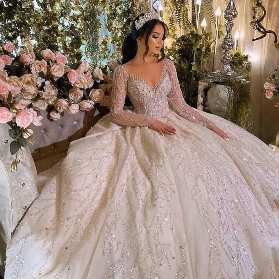 2026 vestido de baile de luxo mangas compridas vestidos de casamento ilusão pescoço glitter lantejoulas miçangas vestidos de noiva personalizado