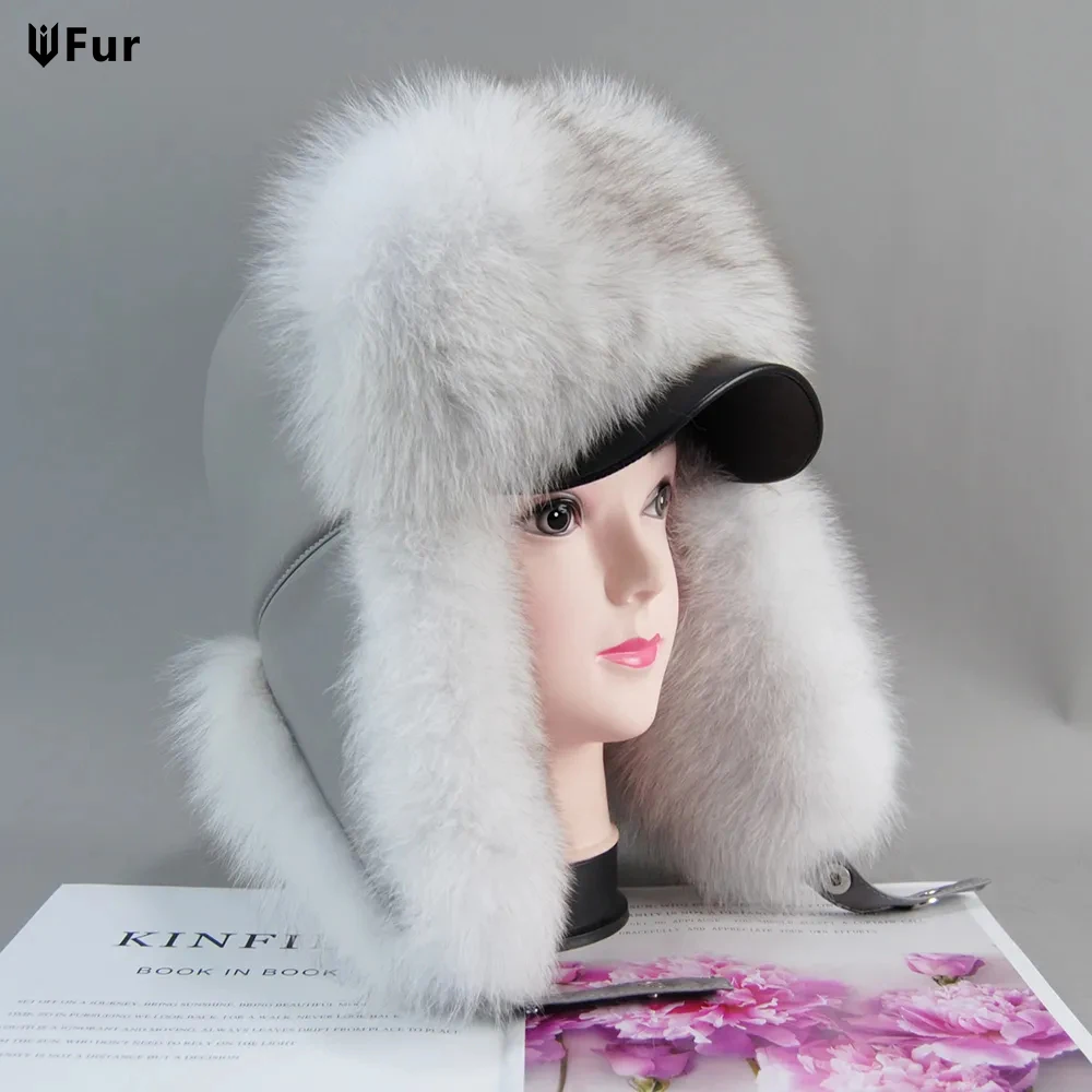 Genuine Silver Fox Fur Hat with Ear Flaps Real Natural Fur Caps for Russian Women Bomber Hats Trapper Cap with Real Leather Top