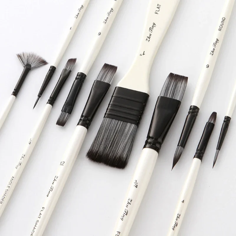 10Pcs/set Artists Paint Brush Bag Watercolor Wooden Handle Nylon Pointed Hair Diy Oil Acrylic Painting Art Supplies Paint Brush