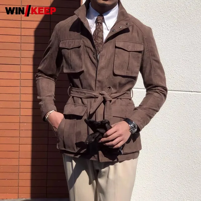 New Fashion Men Faux Suede Leather Hunting Jacket Business Man Casual Multi Pockets Belted Slim Fit Work Cargo Coat Male Jackets