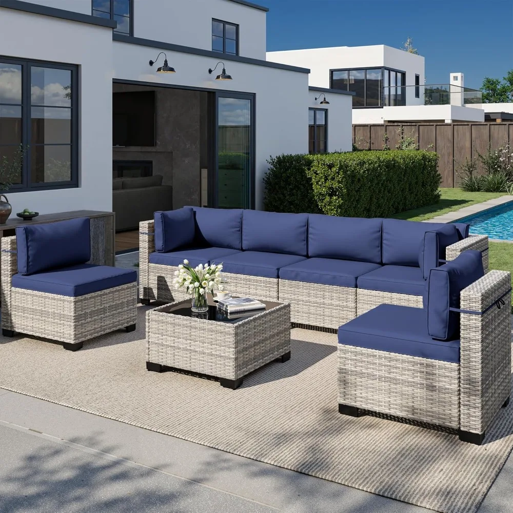 

Outdoor Patio Furniture 7-Piece Set: PE Wicker Rattan Sectional Sofa with Tempered Glass Table and Cushioned Seating