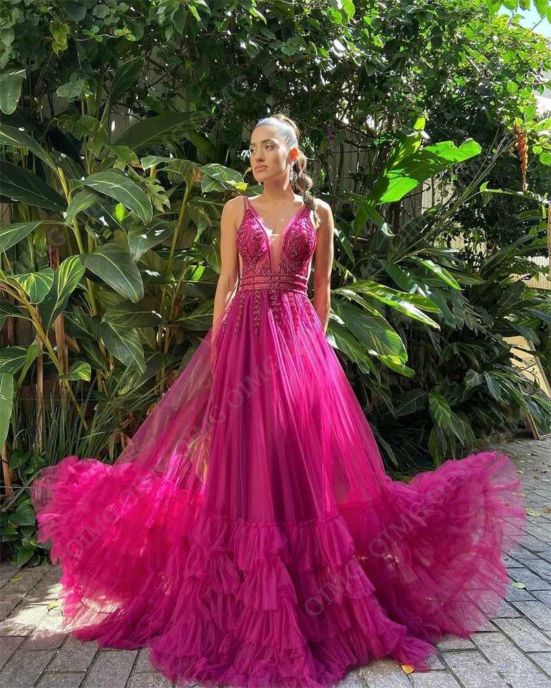 OIMG Shiny Fuschia Tulle Shiny Evening Dresses V Neck Lace Sleeveless Ruched DUbai Wedding Dress Bride Prom Gowns Vestidos